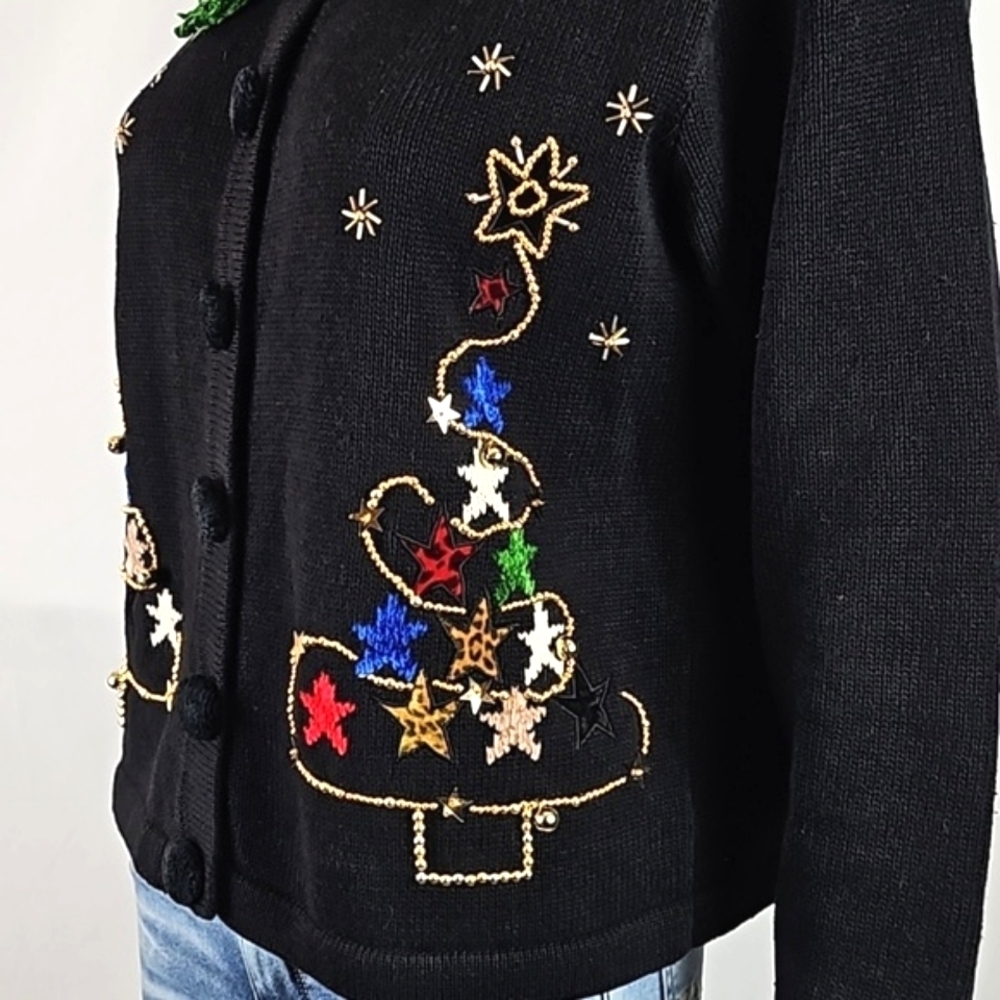 Vintage Berek Black Button Front Beaded Christmas Tree Cardigan Sweater - Picture 6 of 16